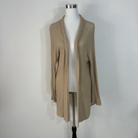 ColdWater Creek Sweater Cardigan Duster Womans 1X 18 Open Front Tan Stretch Knit - Picture 2 of 16